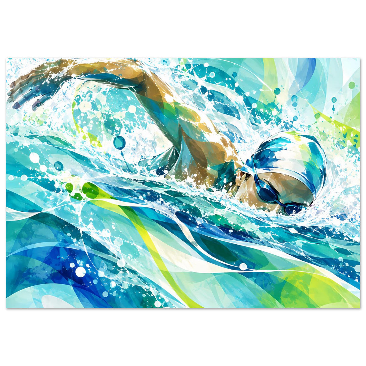 Querformat-Kunstdruck-Poster mit abstraktem Schwimmer, blaugrüne Flächen und Wasserwirbel
