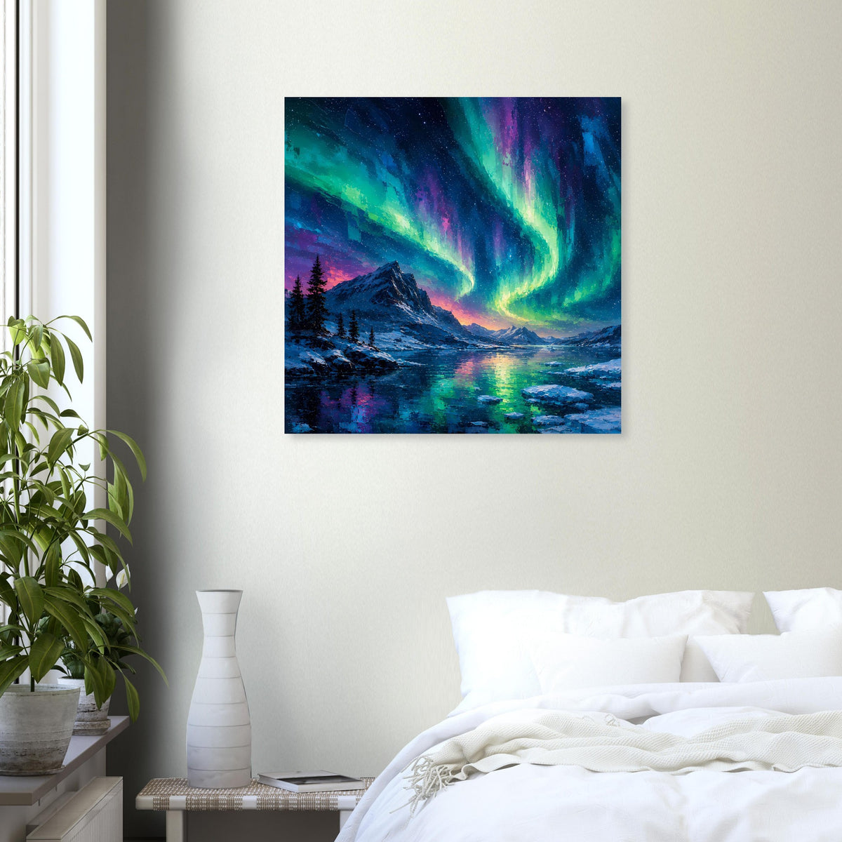 Quadratischer Poster mit Nordlichtern über winterlicher Berglandschaft und See, kräftige Farben