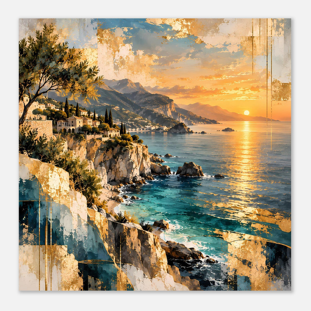 Posterkunst mit Sonnenuntergang an der Küste: Felsen, Wellen und goldgelbes Licht über dem Meer.