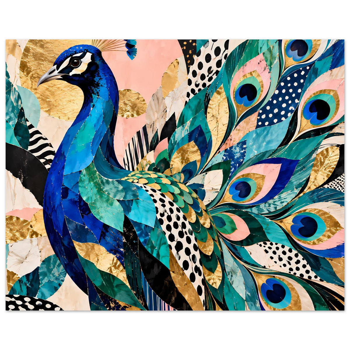 Kunstposter: Pfau mit bunten Pfauenfedern in Blau, Türkis und Gold