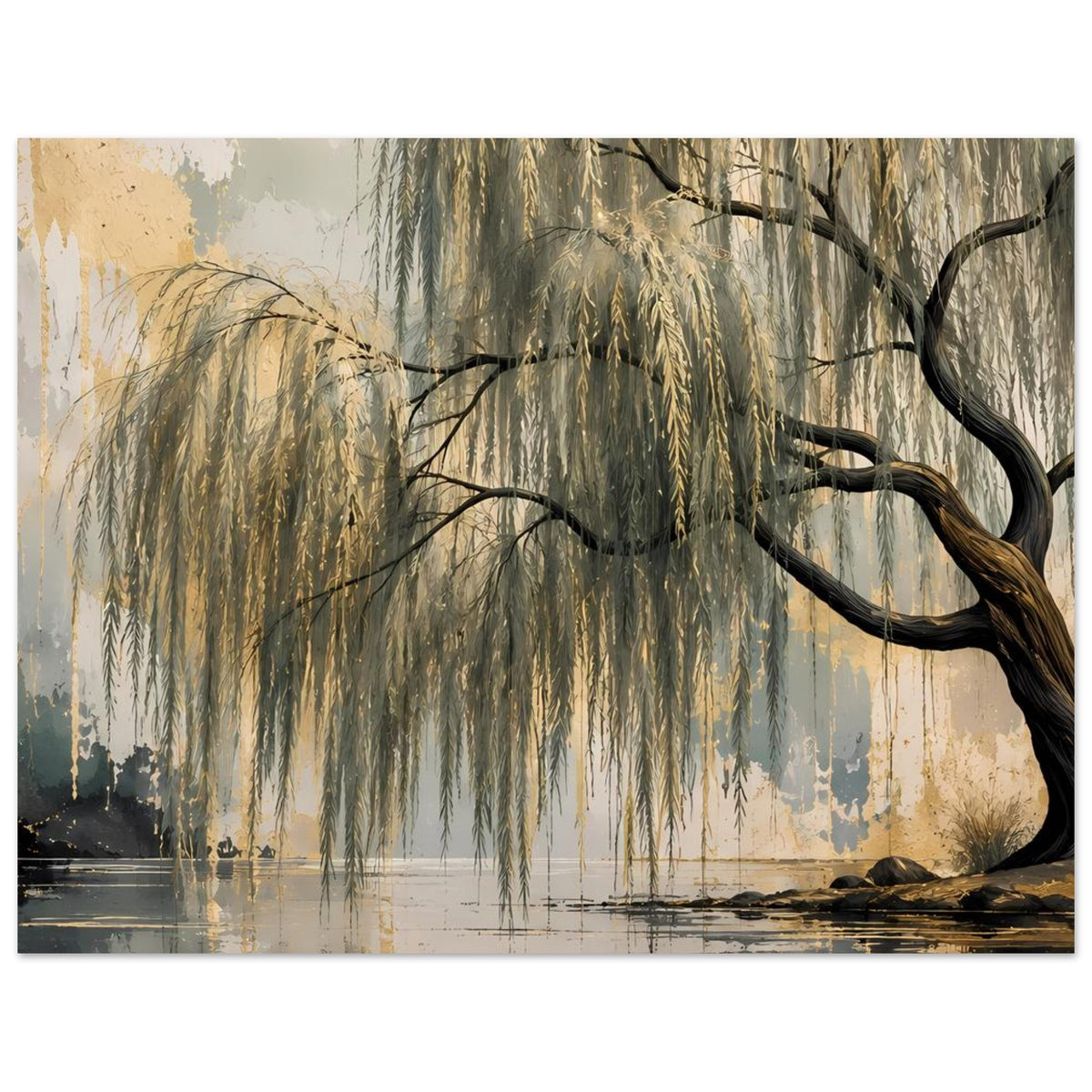 Poster mit Weidenbaum und dunklem Stamm, Spiegelung im Wasser, warme Gold- und Blautöne
