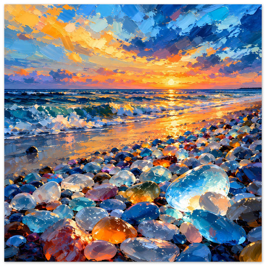 Quadratisches Poster mit Sonnenuntergang am Edelsteinstrand und bunten Kieselsteinen