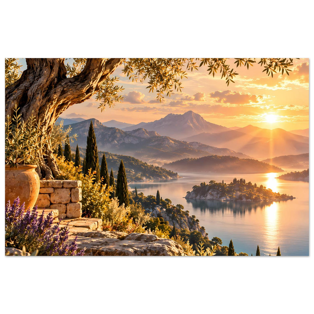 Poster im Querformat mit Sonnenuntergang, See und Bergkette, Olivenbaumzweige im Vordergrund