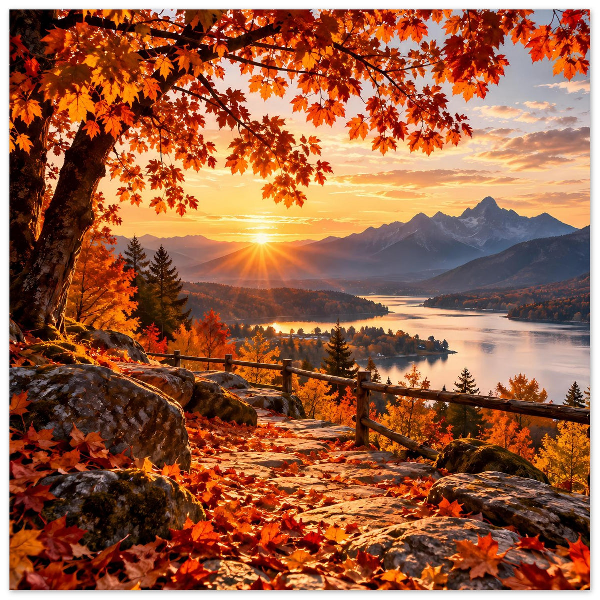 Querformatiges Landschaftsposter mit Herbstblättern im Vordergrund, See, Berge und tief stehender Sonne.