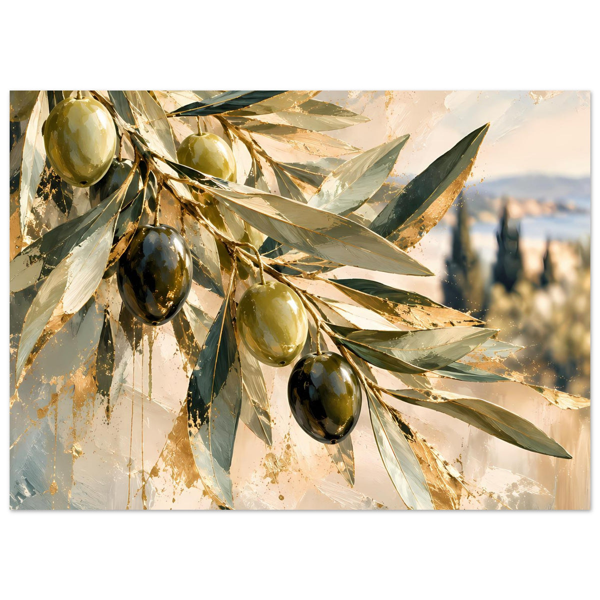 Olivenzweig-Kunstposter mit Fokus auf Oliven und Blätter in Grün- und Goldtönen
