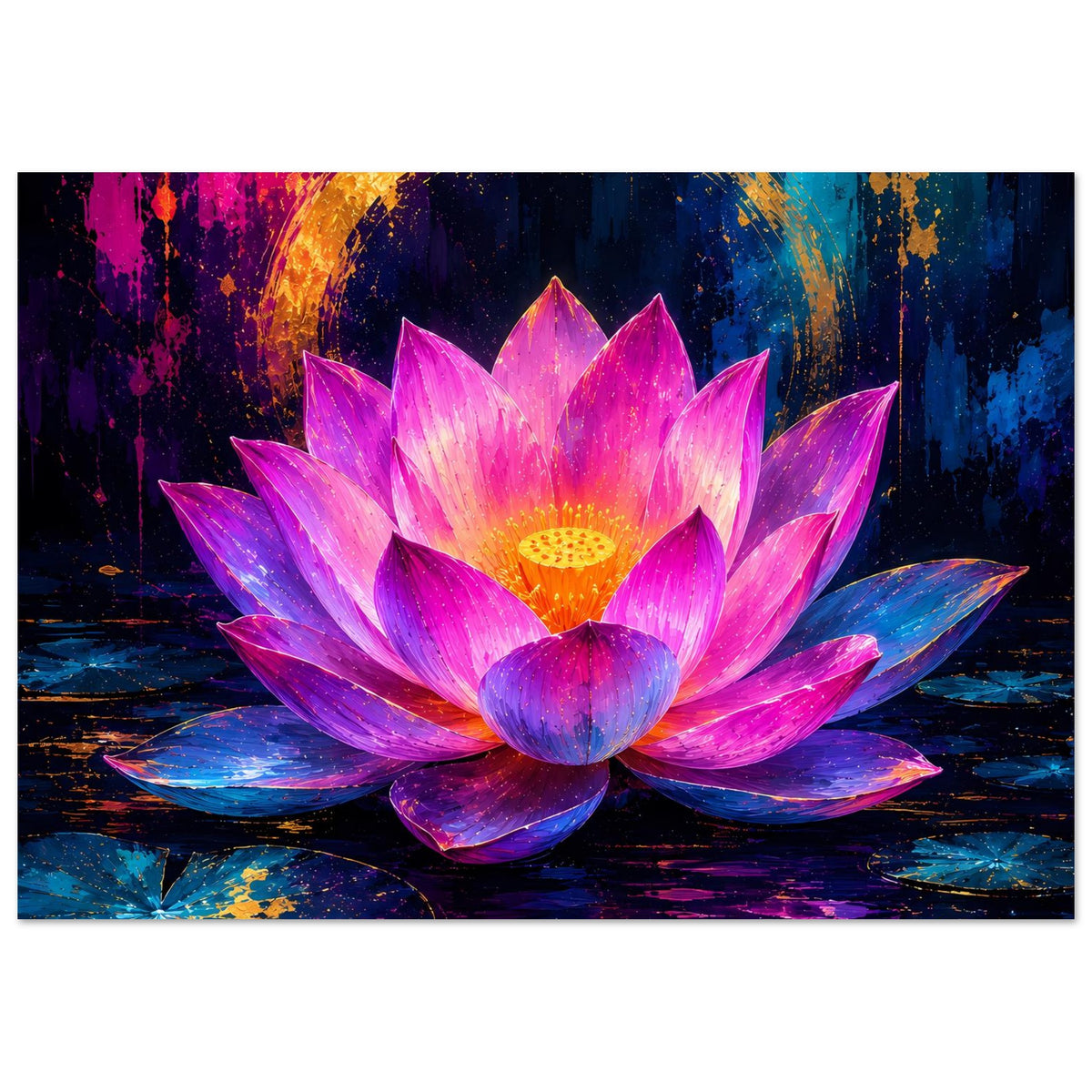 Blumenposter im Querformat mit leuchtender Lotusblüte in Rosa und Violett, goldener Kern