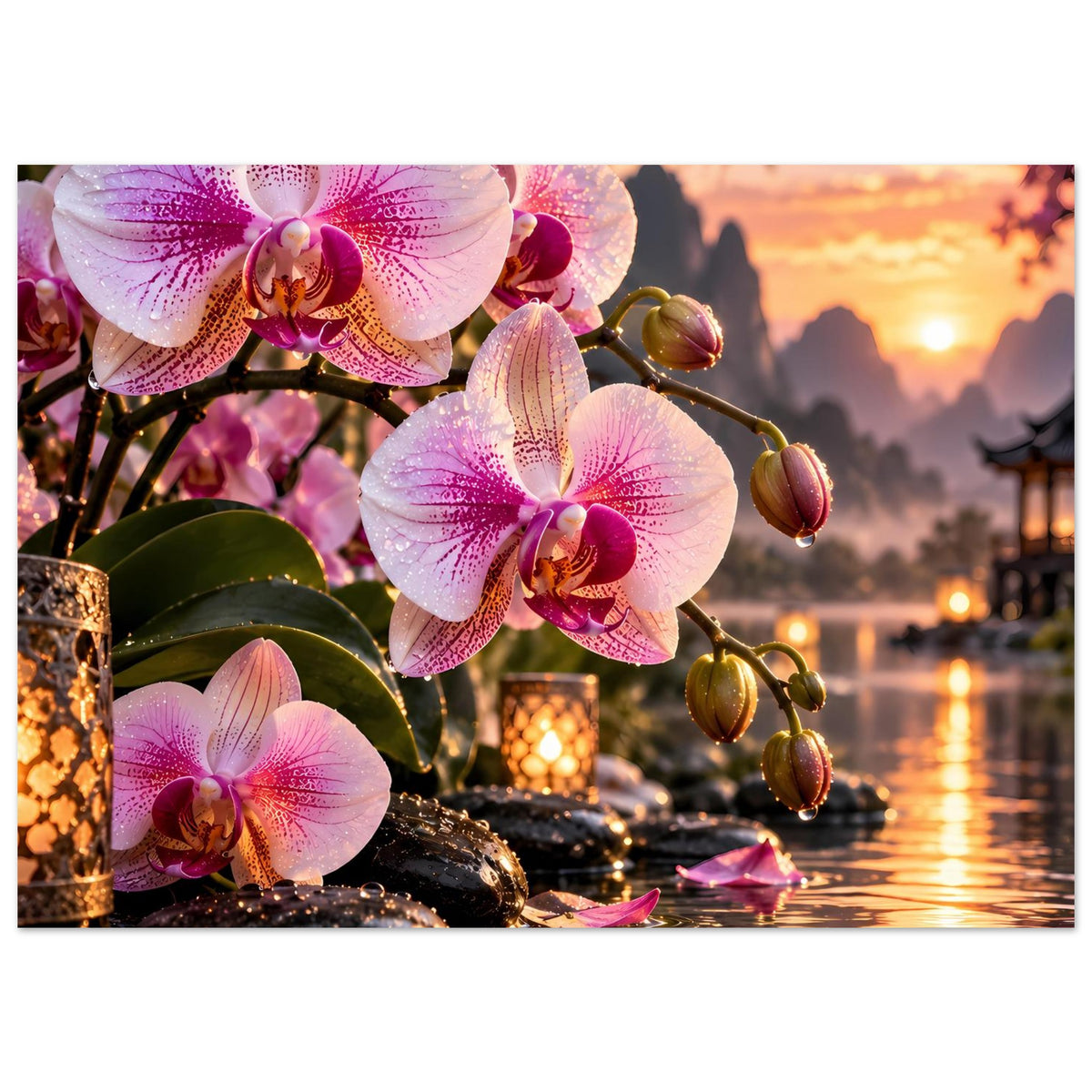 Poster mit großen rosa Orchideenblüten und hängenden goldenen Elementen am See