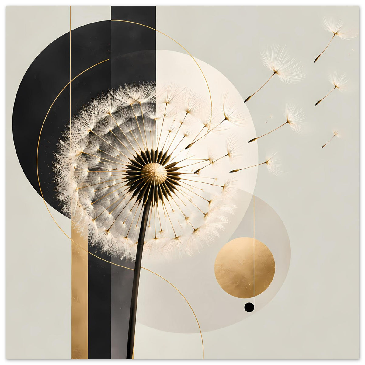 Poster mit Pusteblume, goldene Kreise und beiges Farbflächendesign, breiter Rand