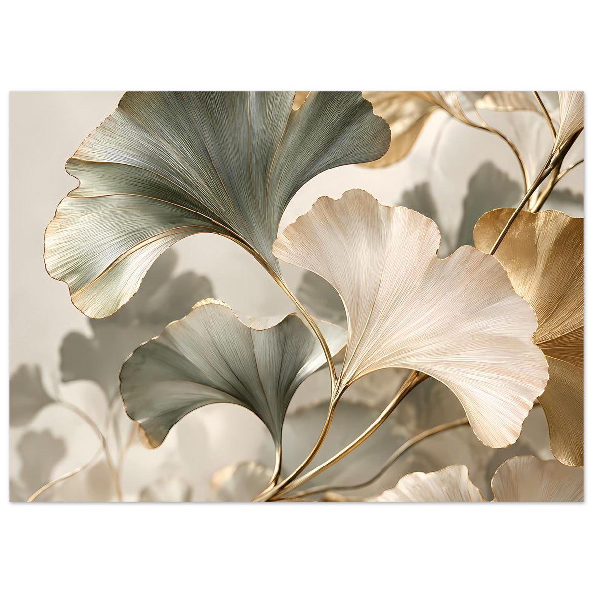 Poster-Detail: Ginkgo-Blätter in Grau-Grün und Creme mit goldenen Linien