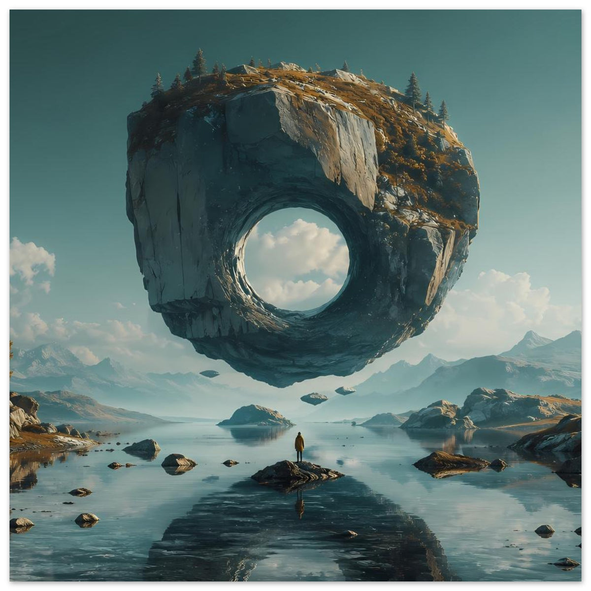 Surreales Poster mit schwebendem Felsring, Felsinseln im Wasser und Steg bis zur Ferne