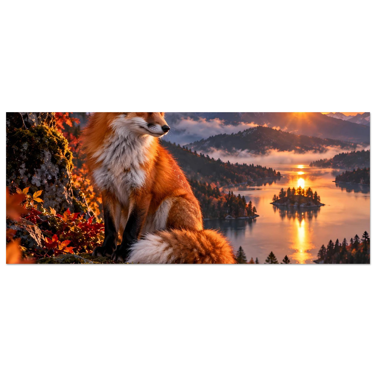 Horizontal-Poster mit rotem Fuchs im Herbst: Berge, See und Sonnenuntergang im Hintergrund