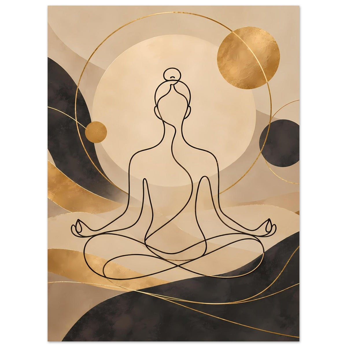 Yoga-Meditationskunstdruck, hochkant: Meditationsfigur im Lotussitz, goldene Bögen und Kreise
