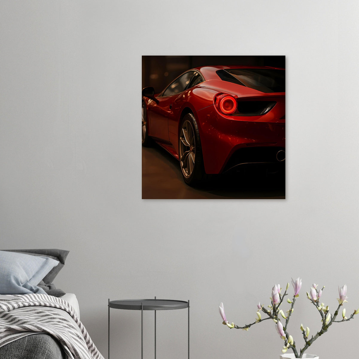Automobil-Poster mit rotem Sportwagen, Rücklicht leuchtet im kleinen Druckformat