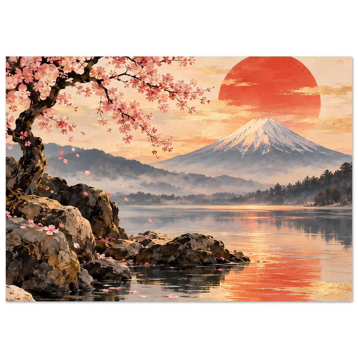 Poster mit Kirschblüten, Fuji-Berg im Hintergrund, roter Sonne und ruhigem See mit Reflexionen