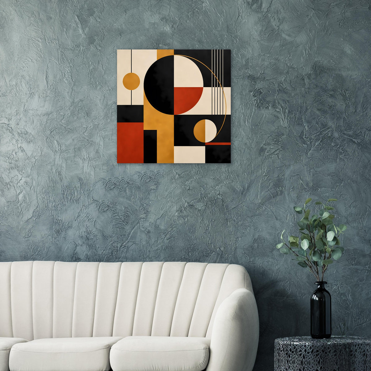 Abstrakter Kunstdruck mit geometrischen Formen, Kreisen und Rechtecken in Schwarz, Rot und Beige.