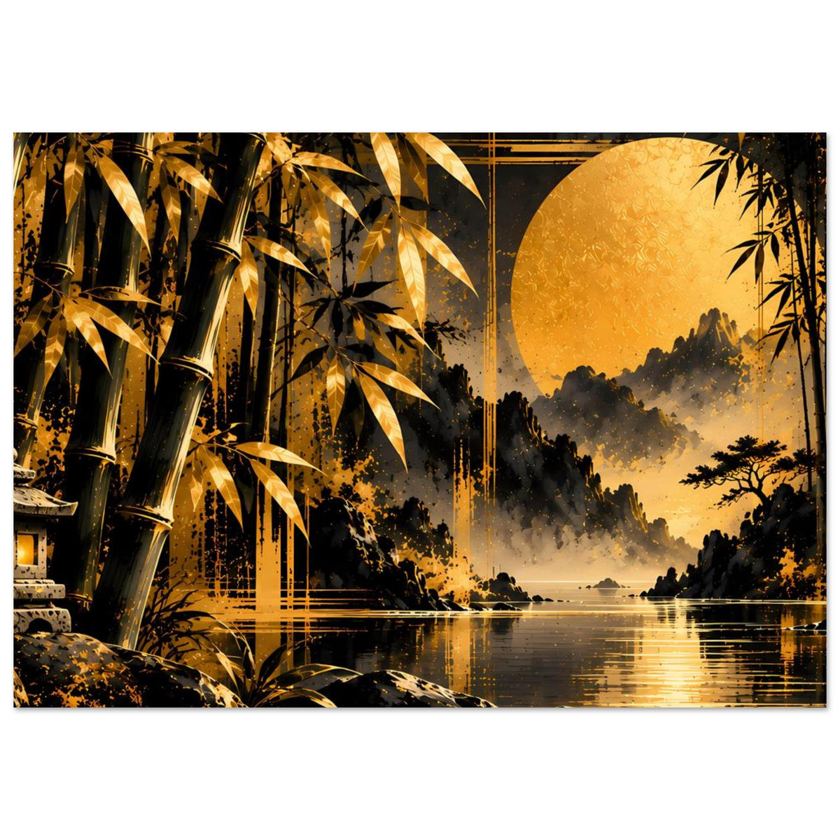 Poster mit goldener Bambuslandschaft: Bambus links, See mit Spiegelung, gelb-orange Abendstimmung