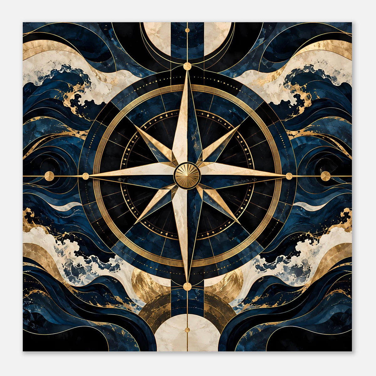 Navigationsposter mit goldener Kompassrose, blauen Wellen und dekorativen Kreisen