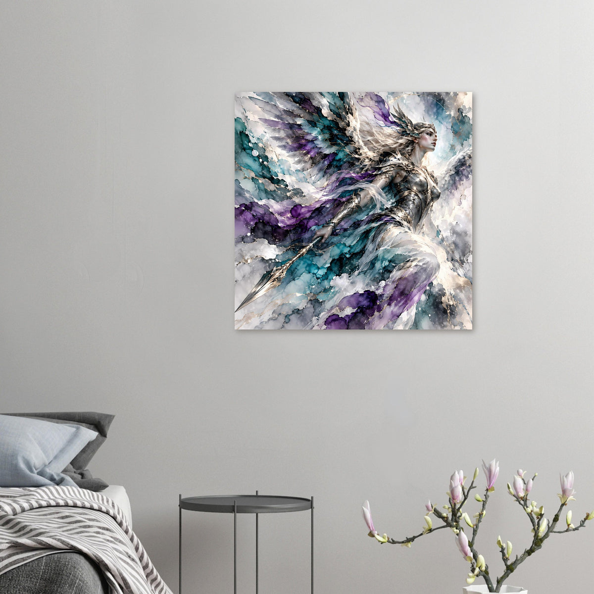 Quadratisches Fantasy-Poster mit Kriegerengel, Flügeln in Blau und Violett