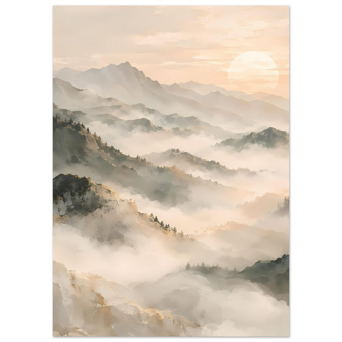 Poster mit verschichteten Bergen im Morgennebel, weicher Himmel und Sonne, matter Kunstdruck, hochformat