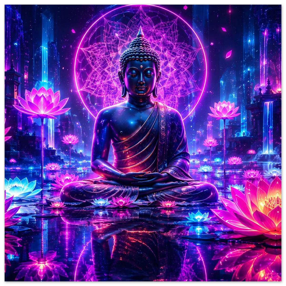 Meditations-Buddha auf Lotusblüten, großes Motiv mit leuchtenden Neonblüten an den Seiten