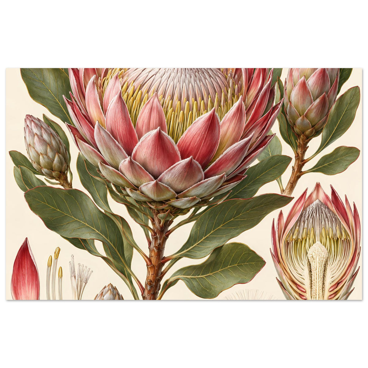 Botanisches Protea-Blumenposter auf matter Papierfläche, rote Blütenknospen und grüne Blätter