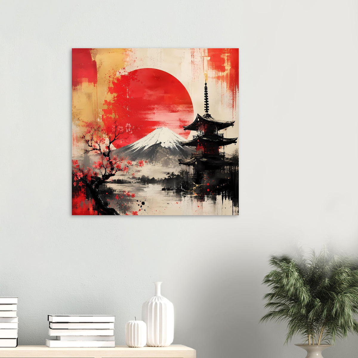 Japanisches Poster mit roter Sonne, Fuji und Pagode, Kirschblüten und aquarellartigem Hintergrund