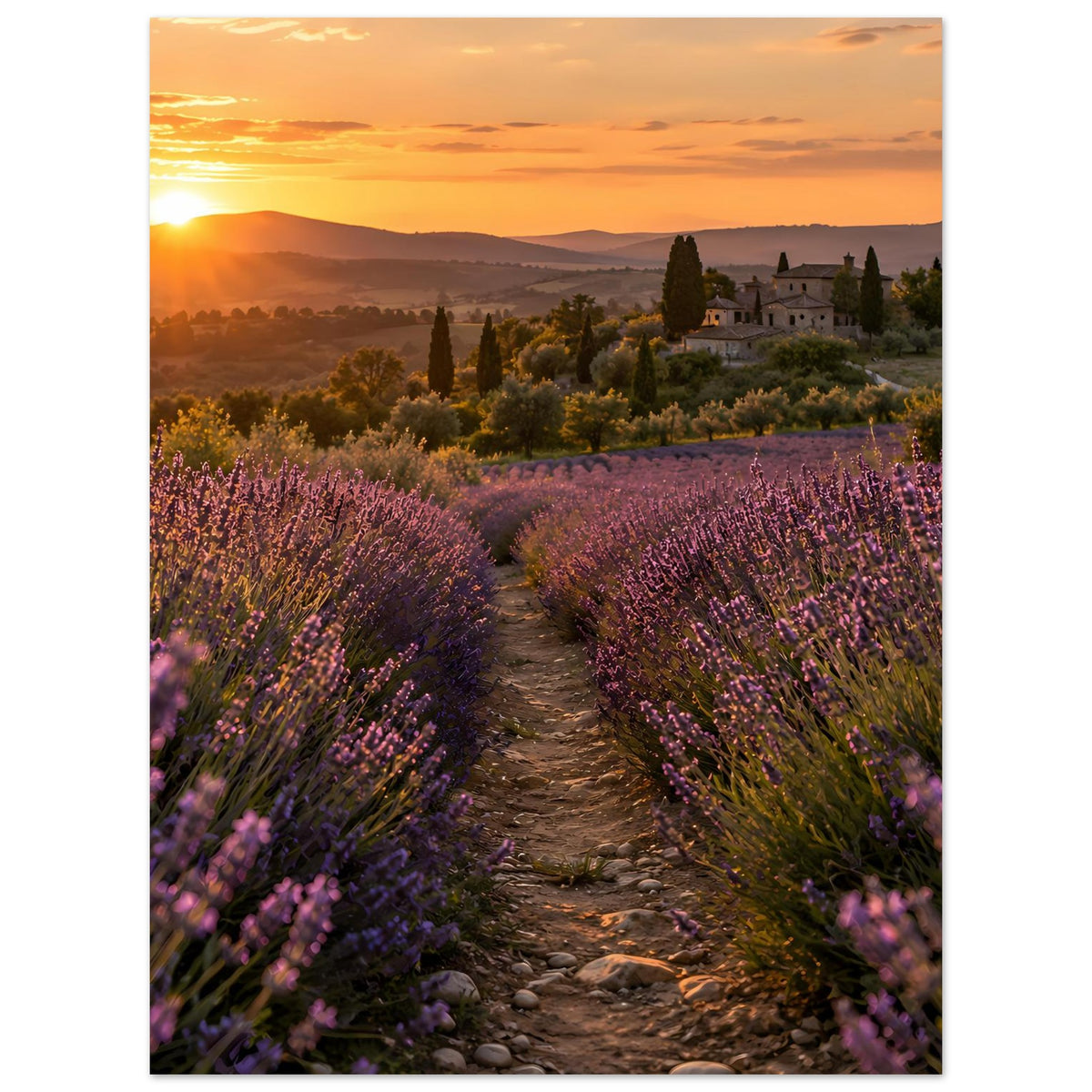 Lavendel-Sonnenuntergangs-Poster im Hochformat mit Lavendelfeldern und Feldweg