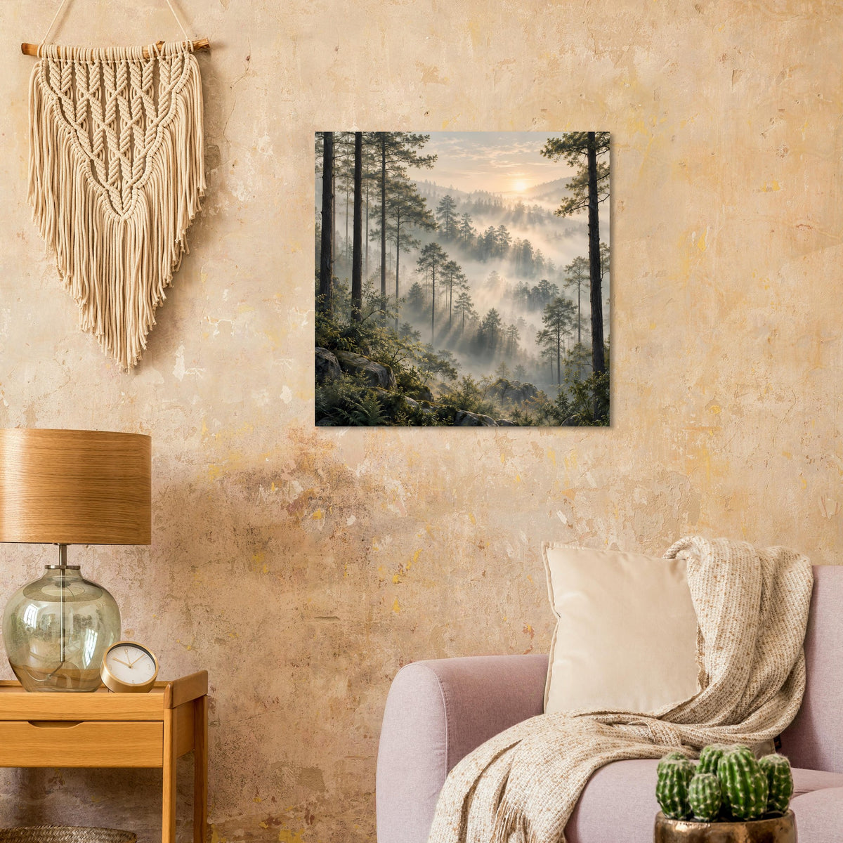 Gerahmtes Poster mit lichtem Wald, Sonnenstrahlen und dichten Morgennebeln