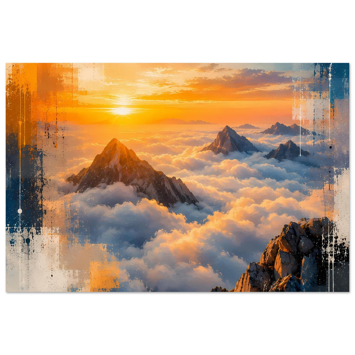 Naturposter: Sonnenaufgang über Bergspitzen, umgeben von weichen Wolken