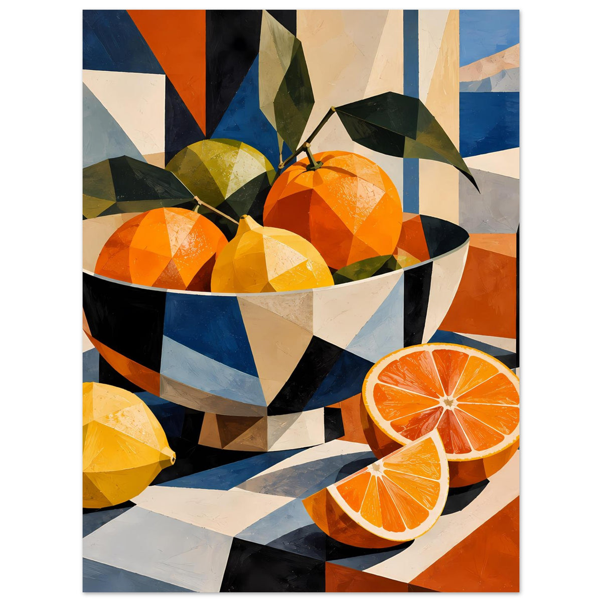 Poster mit Schüssel voller Orangen und Zitronen sowie Orangenscheiben, geometrischer Hintergrund