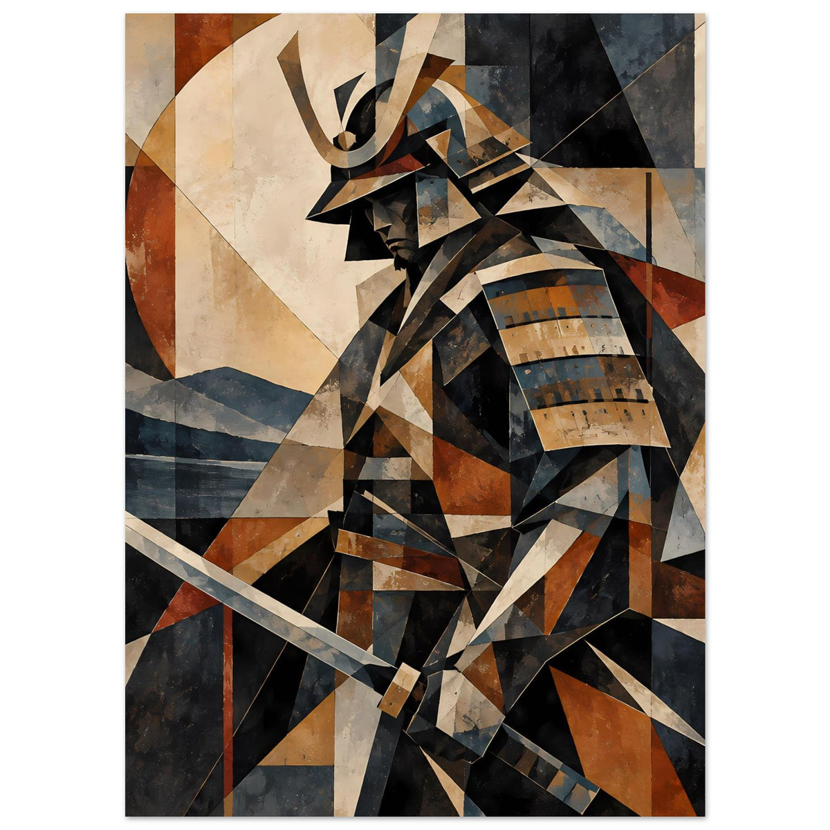 Poster zeigt geometrischen Samurai-Krieger in Braun-, Blau- und Beigetönen