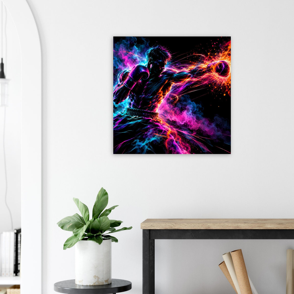 Quadratisches Poster mit Neon-Boxer-Motiv, auffällige Lichtstrahlen und Rauchfarben