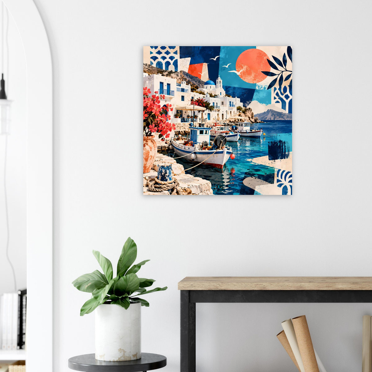 Hafenmotiv-Poster mit Bootshafen, weißen Häusern, orangefarbener Sonne und blauem Meer