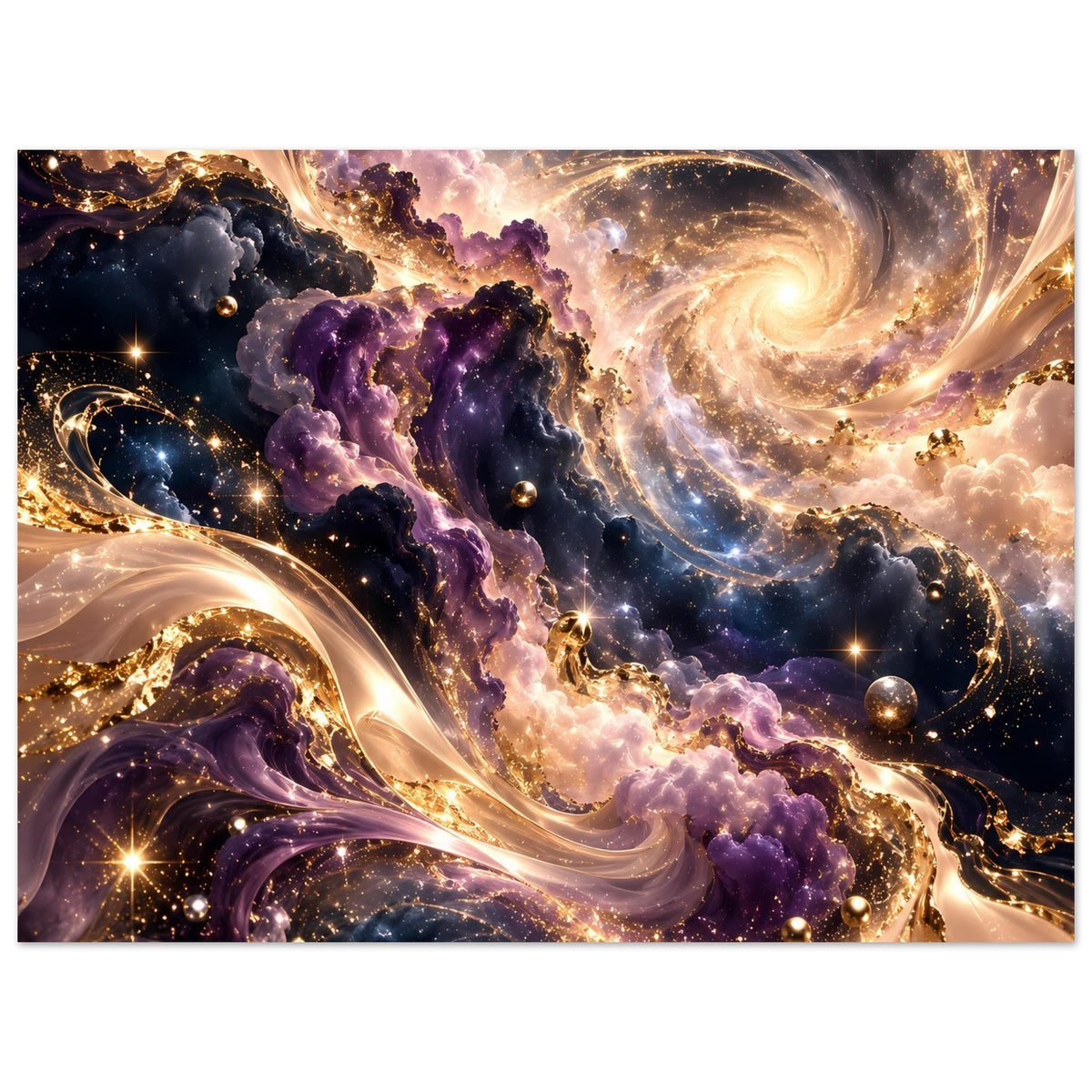 Kosmischer Kunstdruck mit violetten Nebeln, goldenen Funkeln und Spiralwirbel, quer
