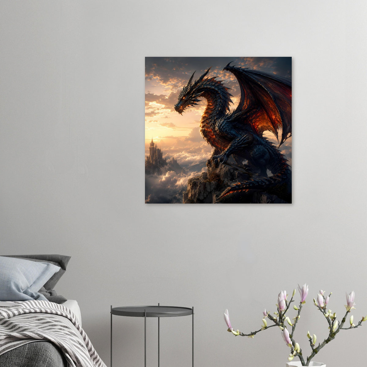 Kleines Fantasy-Poster: Drachenmotiv mit leuchtenden Augen und großen Flügeln