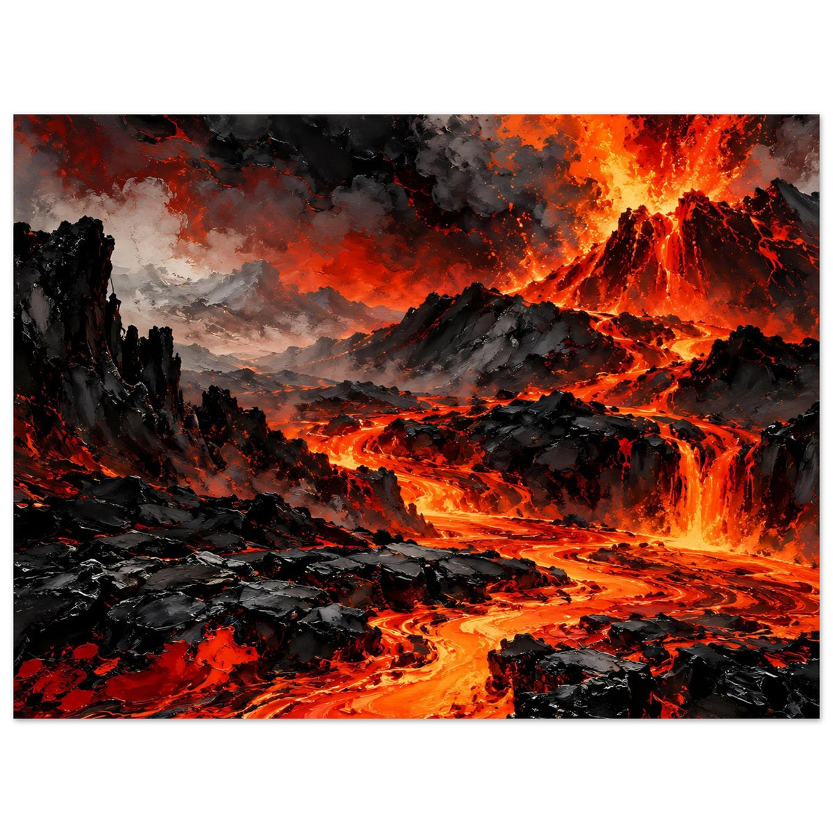 Vulkan-Ausbruch Poster, horizontales Feuermotiv mit Lavaebene und schwarzen Gesteinsformationen