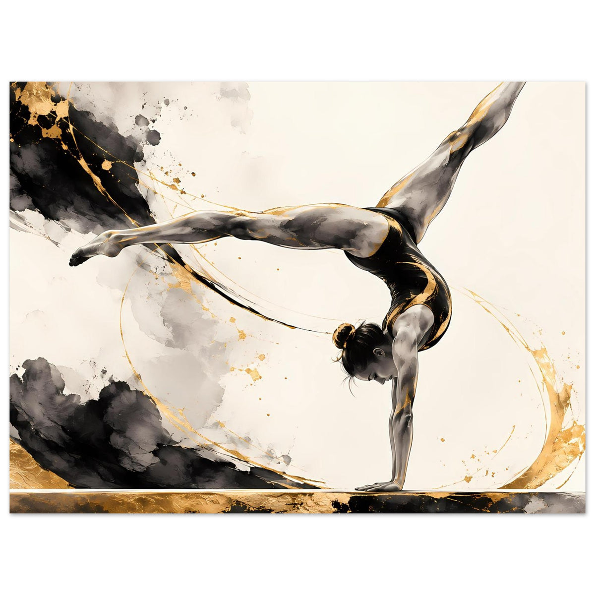 Turnerin im Handstand, schwarz-grau mit goldenen Sprenkeln auf Gymnastikposter