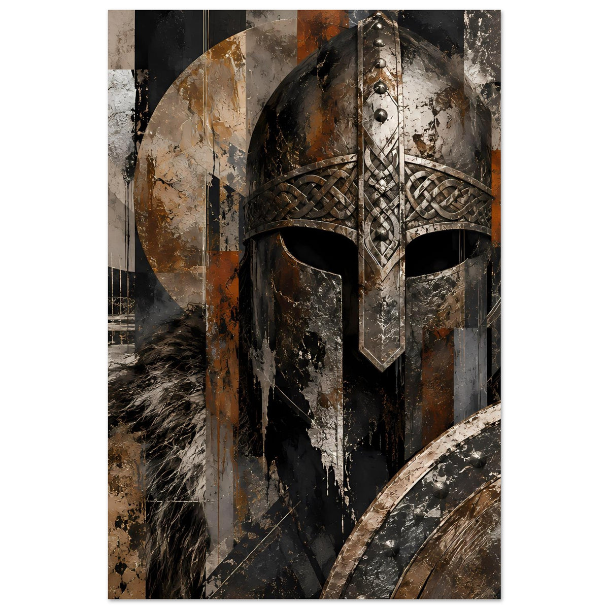 Hochformat-Print: Wikinger-Helm mit Ornamenteinfassung und schraffierten Details in Braun/Schwarz