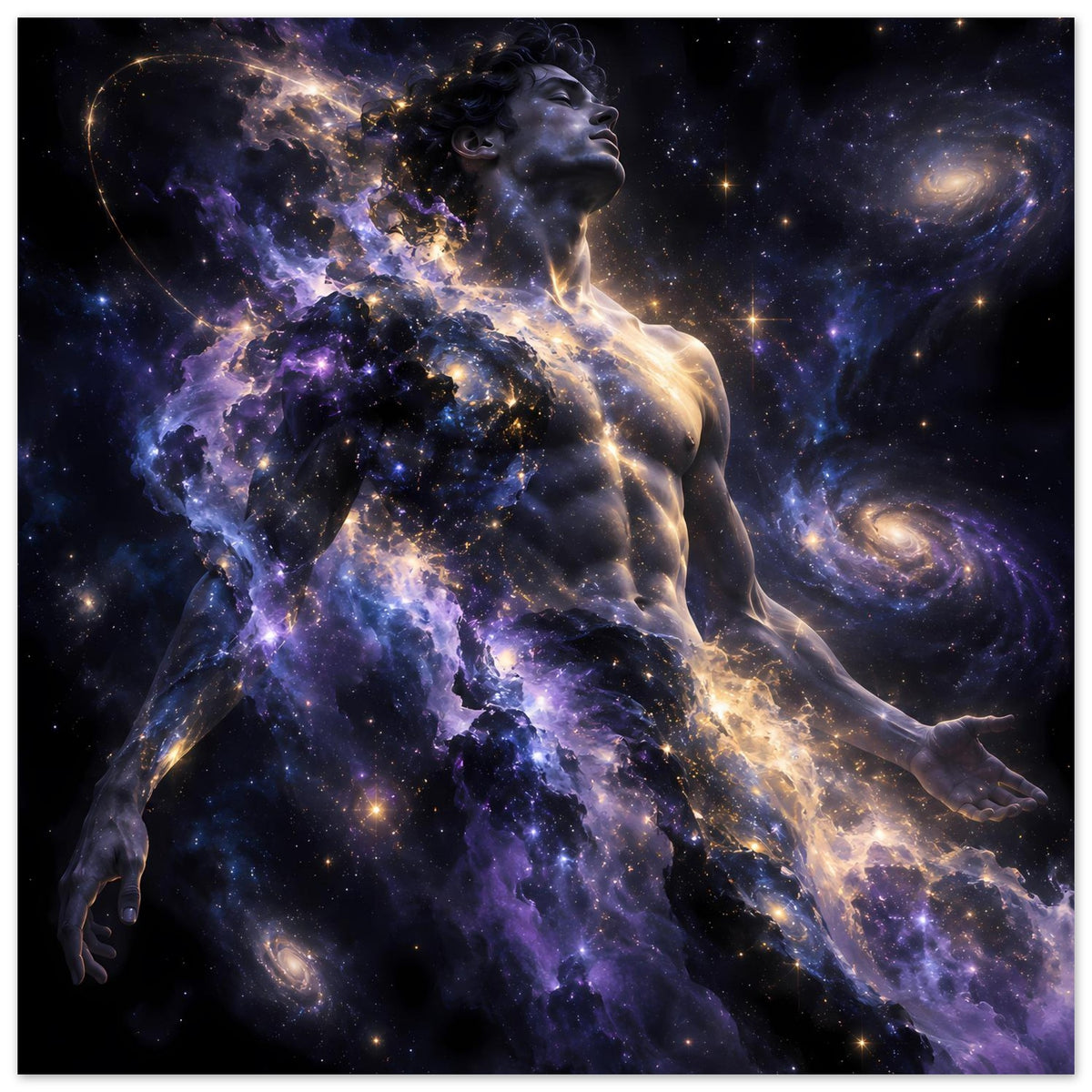 Galaxienposter mit männlicher Figur, Sternenmeer und Galaxien, violett und gold