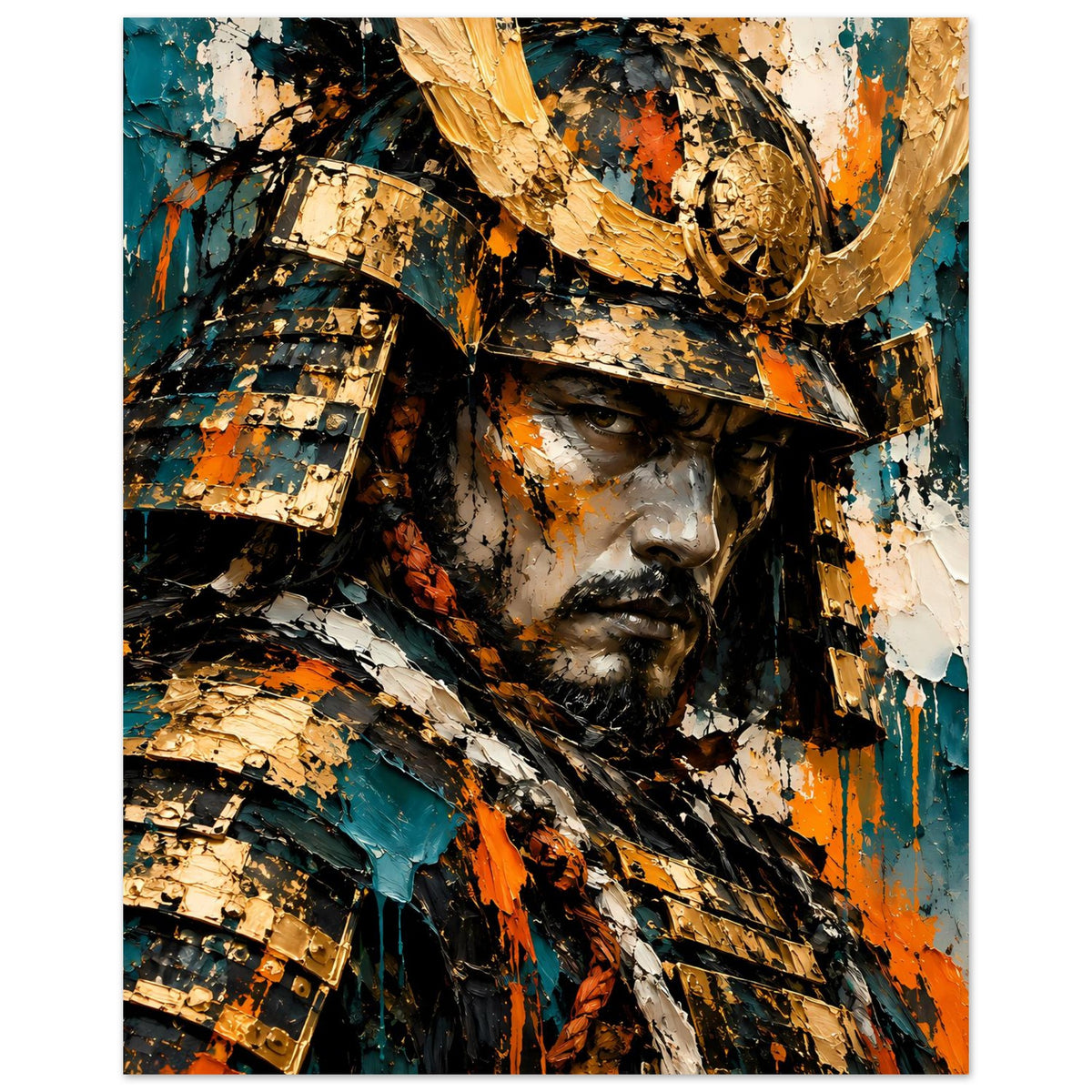 Vertikales Poster mit Samurai-Krieger, goldenem Helm, schwarzer Rüstung und Spritzfarben.