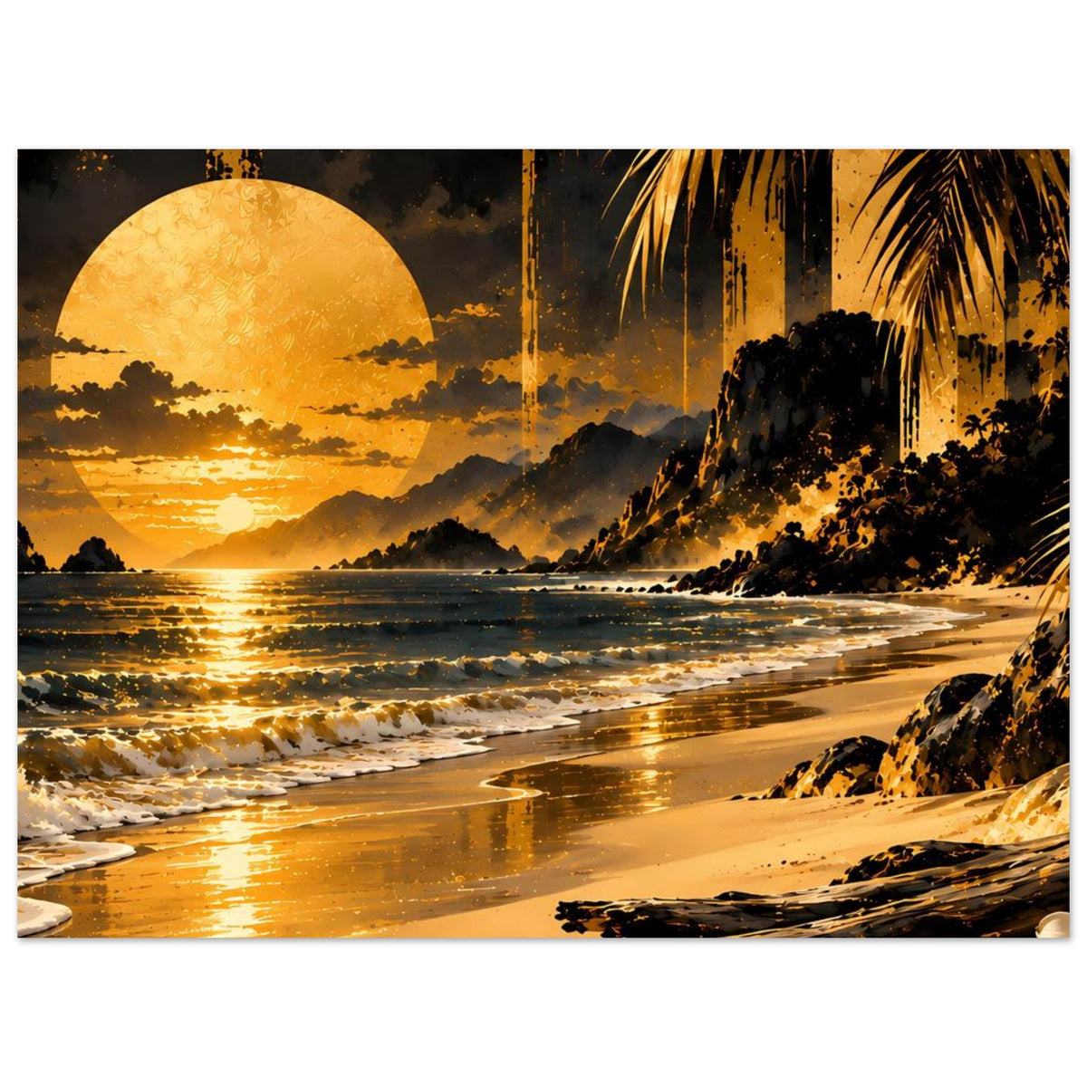 Horizontales Poster mit Sonnenuntergang am Meer, goldene Reflexe und Palmenblätter