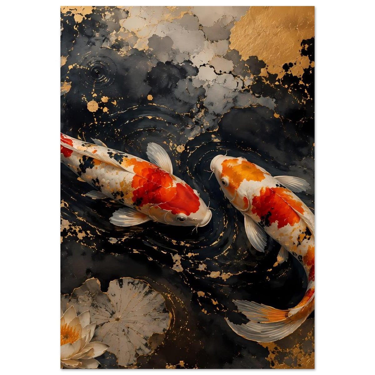Poster mit zwei Koi-Fischen im schwarzen Wasser, goldene Sprenkel und Seerosenblüten