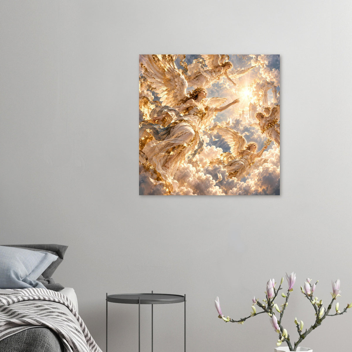 Kleines Premium-Mattposter mit Engelmotiv in Gold, Flügel und Wolken, gerahmter Druck