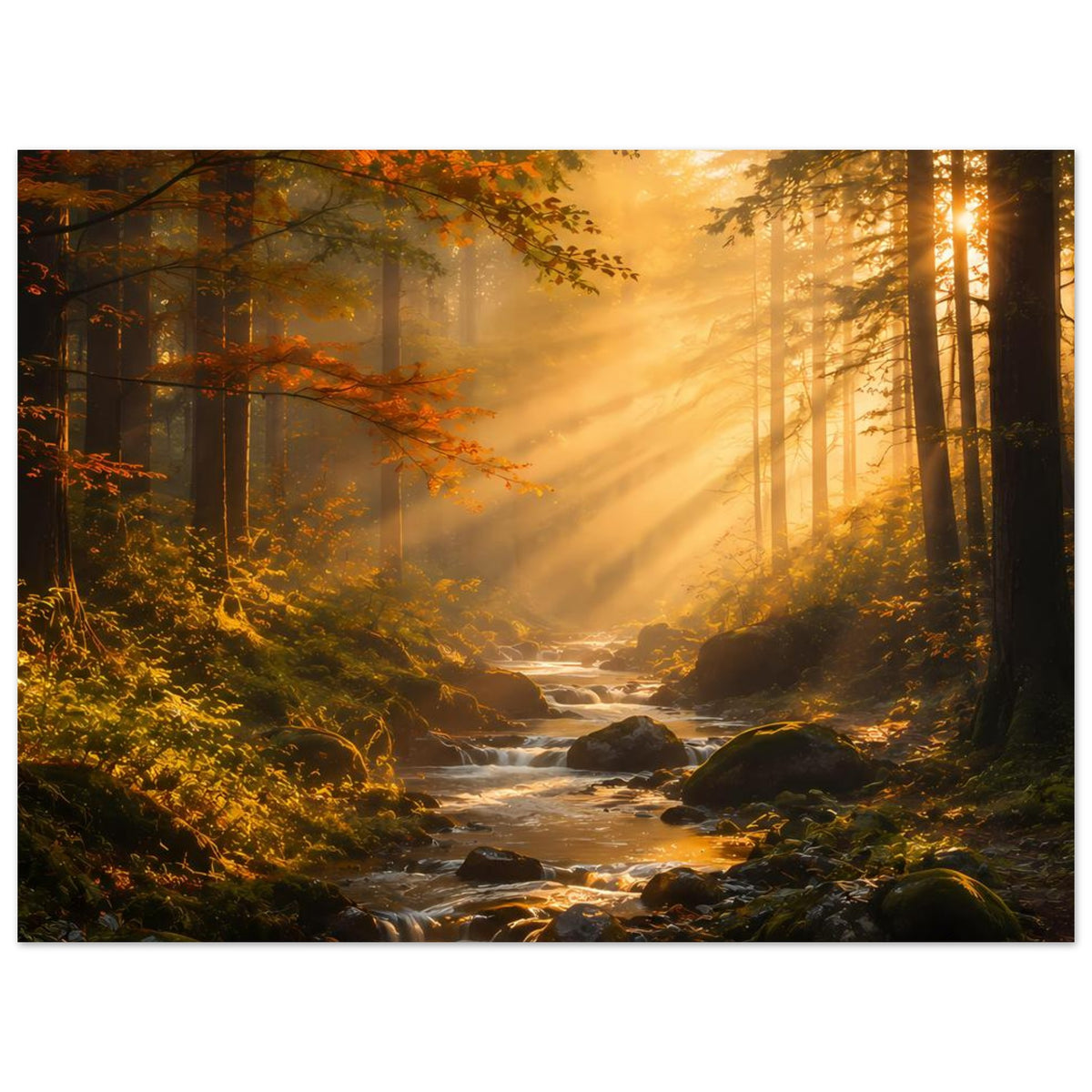 Waldposter mit Sonnenaufgang, Nebelschwaden zwischen Baumstämmen und Bach
