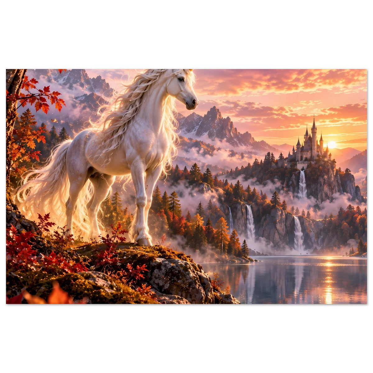 Einhorn-Fantasyposter (quer): weißes Einhorn auf Felsen vor Waldlandschaft und See im Sonnenuntergang