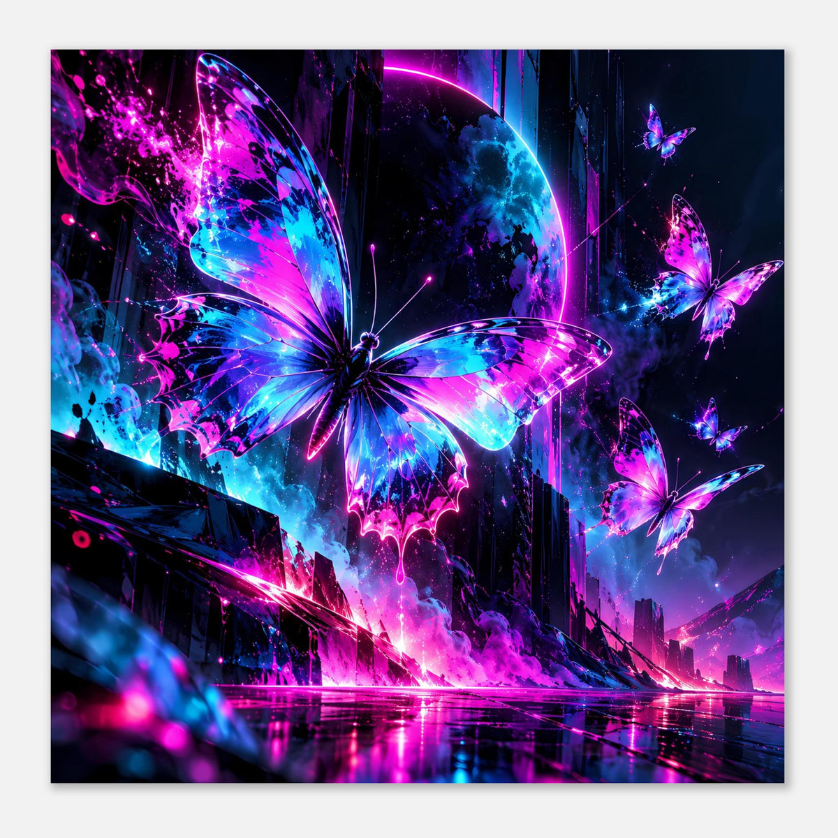 Neon-Schmetterlings-Poster (quadratisch) mit großem zentralen Falter in Blau- und Pinktönen