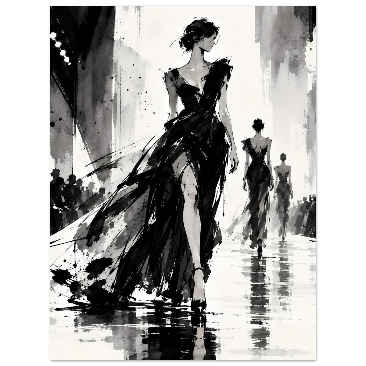 Mode-Illustrationsposter, schwarz-weiß: Hauptfigur im Kleid mit wehenden Linien, drei Silhouetten dahinter.