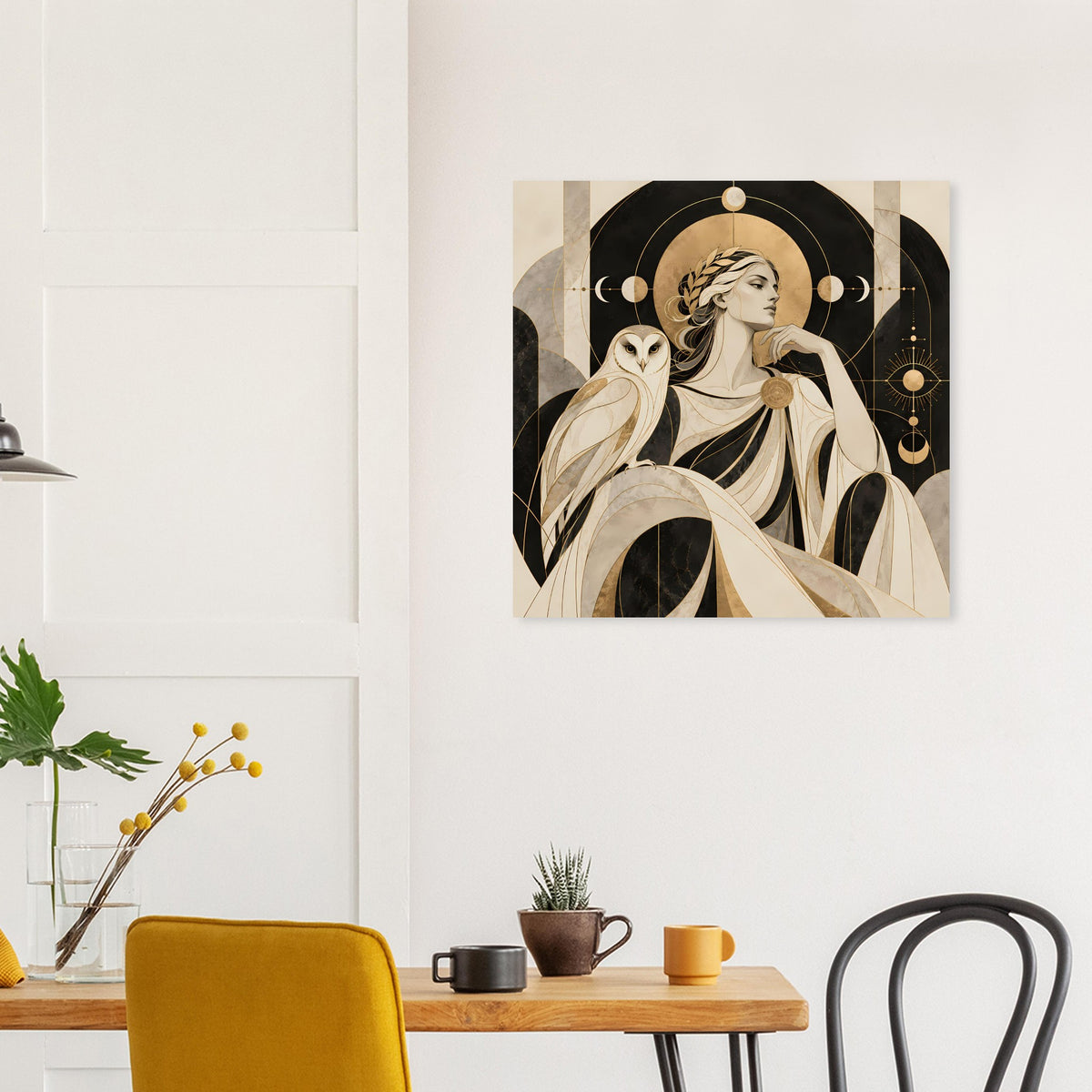 Kunstdruck-Poster mit Mantelkleid, schwarzem Hintergrundkreis, goldenen Akzenten und Fabeltier