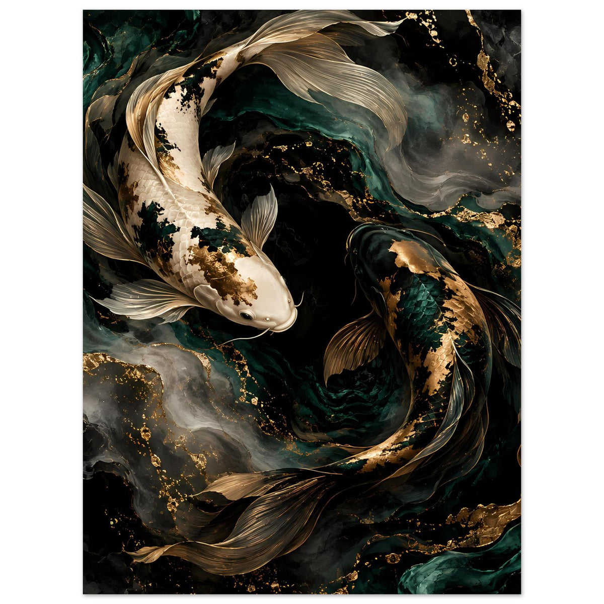 Koi-Fisch-Poster mit weißem und dunklem Koi, grünen Wasserwirbeln und goldenen Akzenten