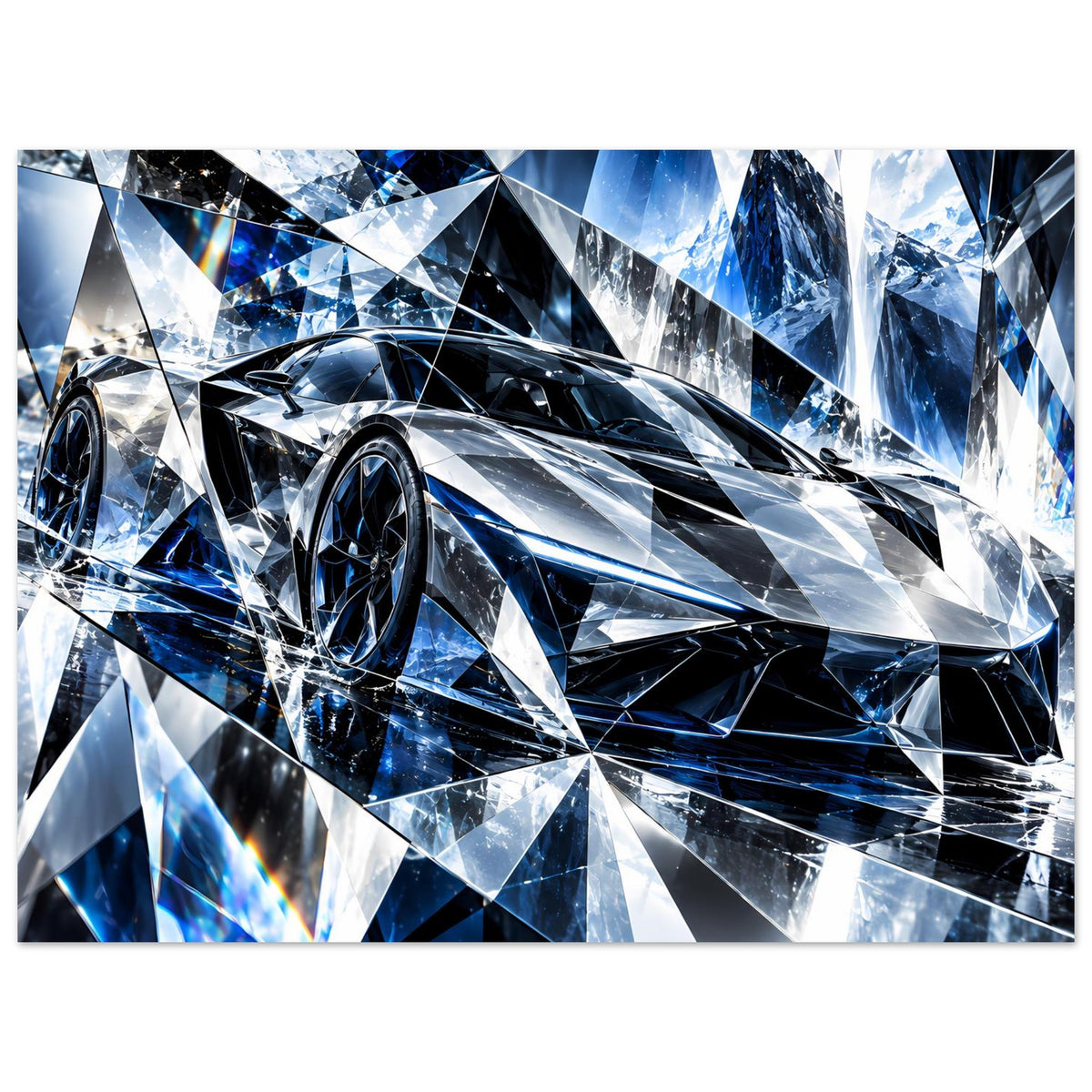 Sportwagen-Poster mit blauem und silbernem Kristall-Design und schlankem Auto